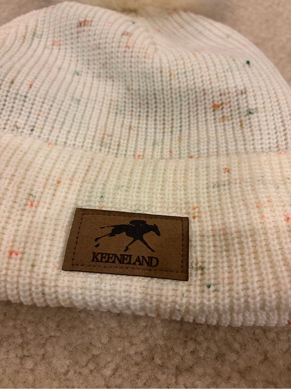 Keeneland White Speckled Knit Beanie with Pom